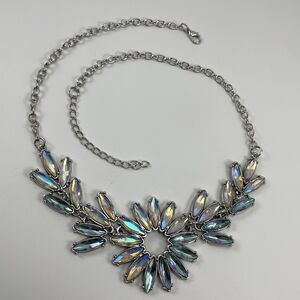 Silver Tone Blue AB Glass Starburst Bib Statement Necklace Bling Collar Bold